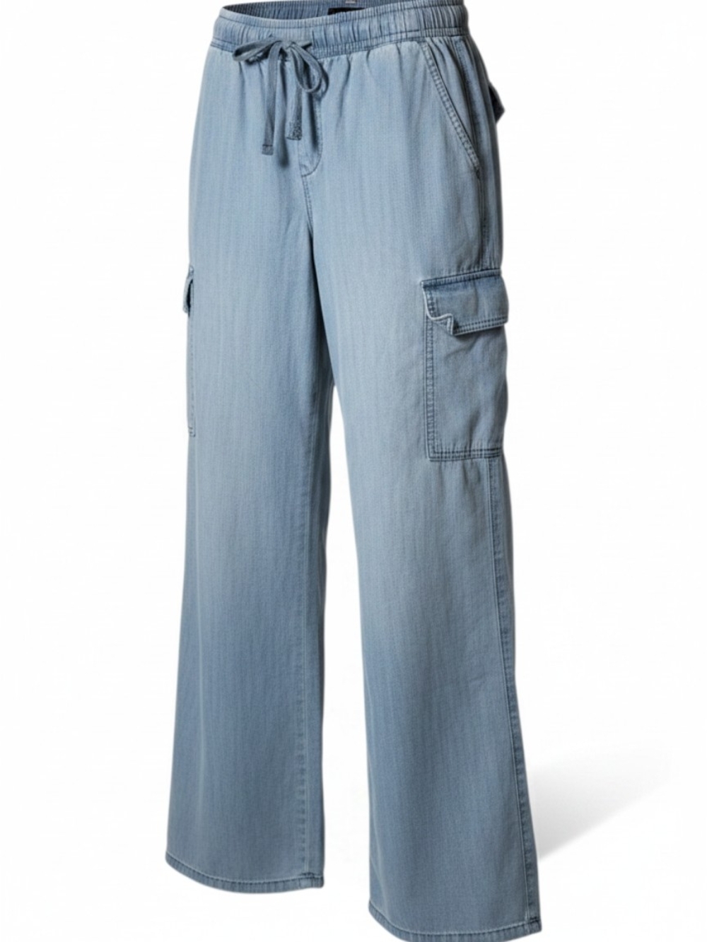 Chambray Wide Leg Cargo Pants Women Light Wash Tencel Drawstring Pull On